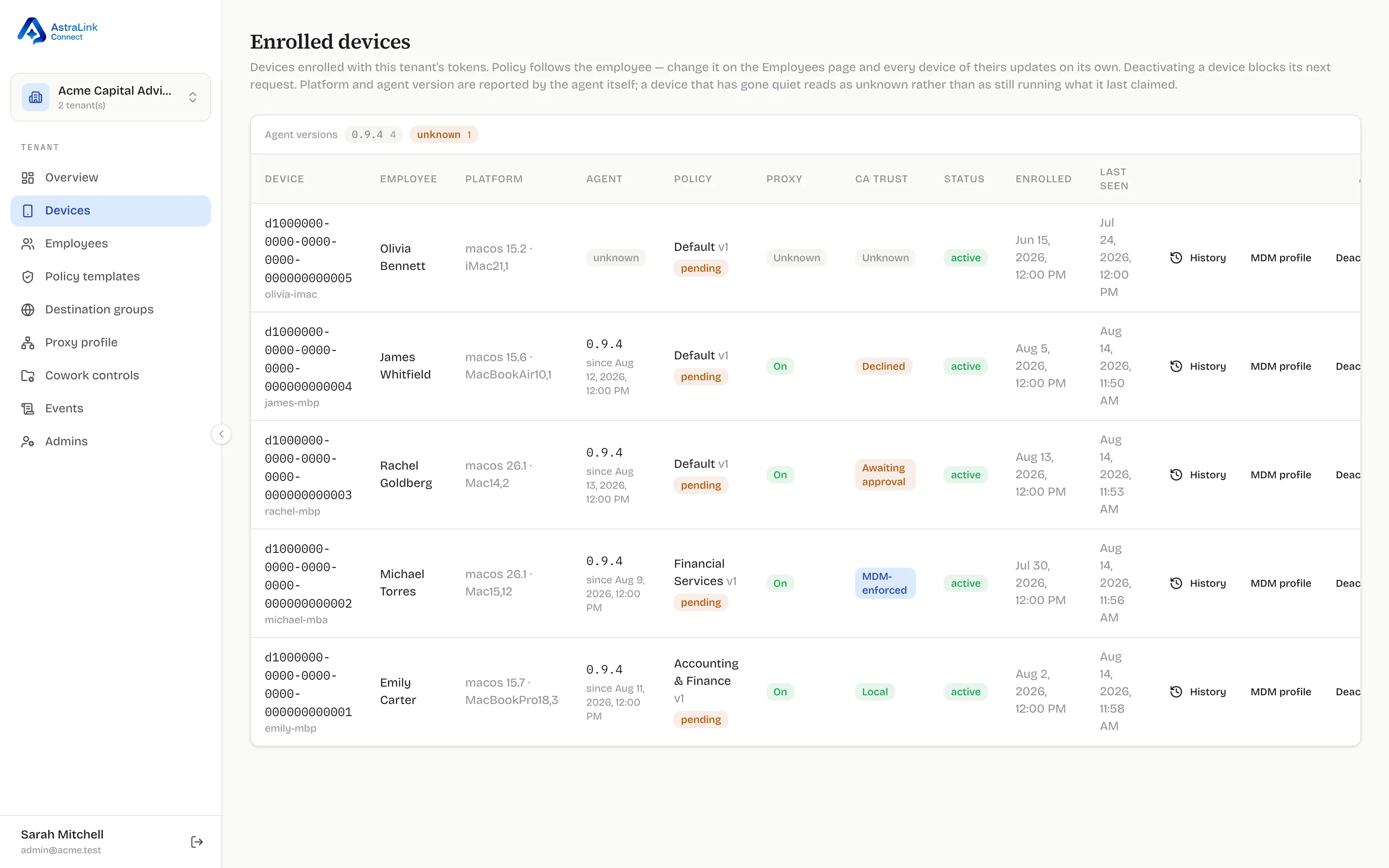 Devices page
